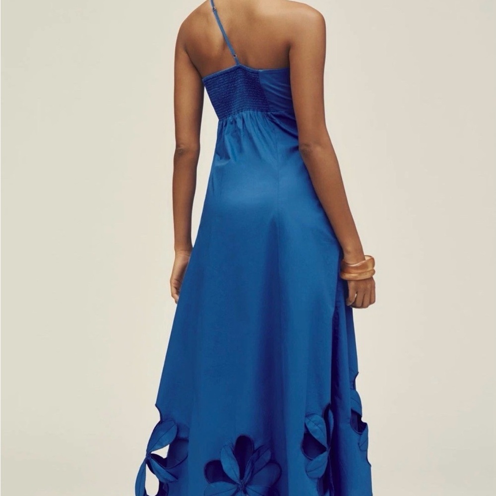 ANTHROPOLOGIE One-Shoulder Cutwork Dress Sz XXS Blue Floral Appliqué STUNNING - Picture 4 of 13